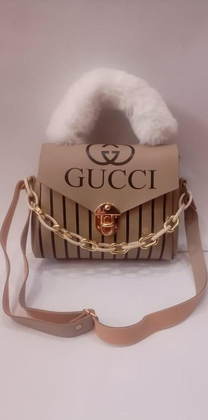 Gucci Style Printed Handbag for Women Skin Beige Striped Chain Handle