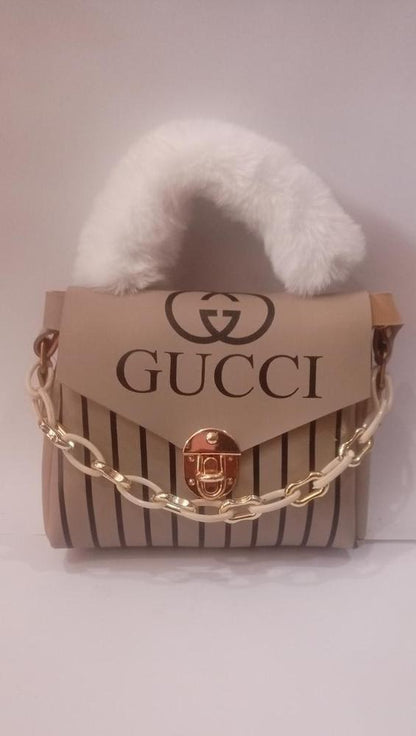 Gucci Style Printed Handbag for Women Skin Beige Striped Chain Handle